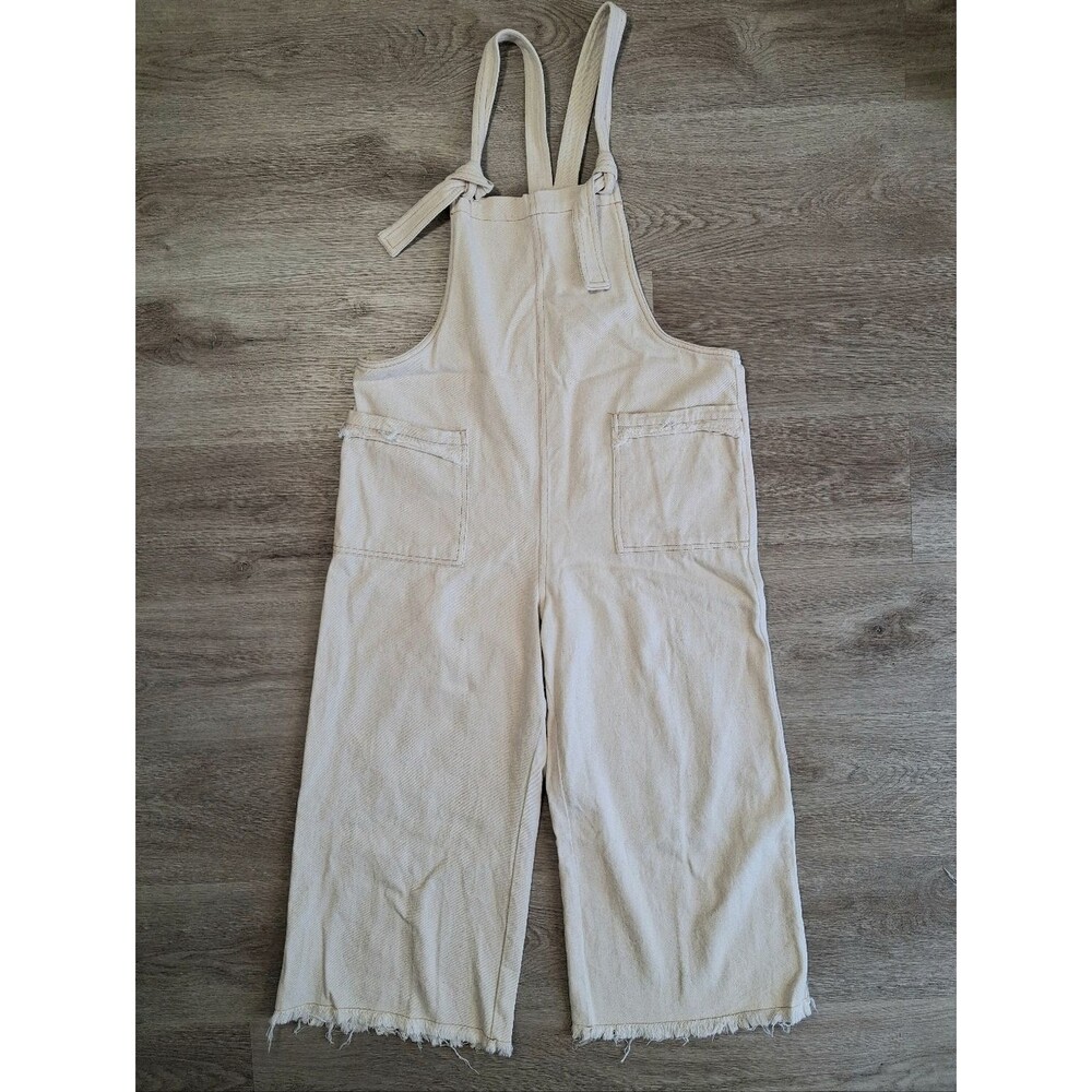 Knot Strap Cream Overalls Frayed Hem Bib Jumpsuit